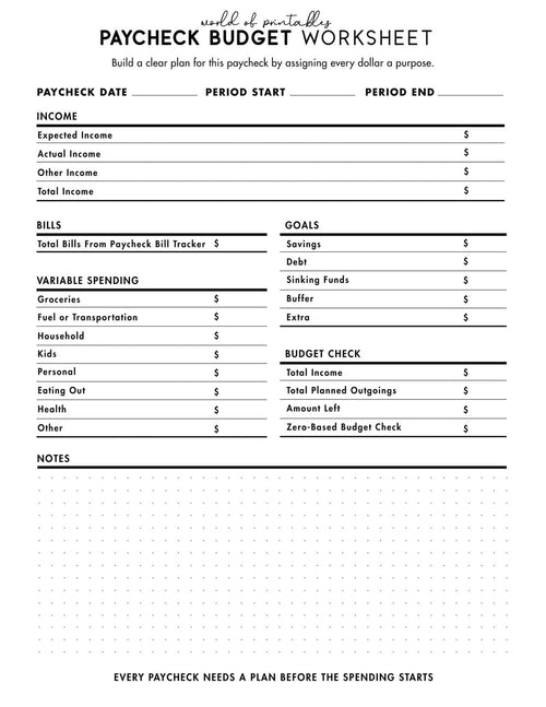 Paycheck Budget Worksheet